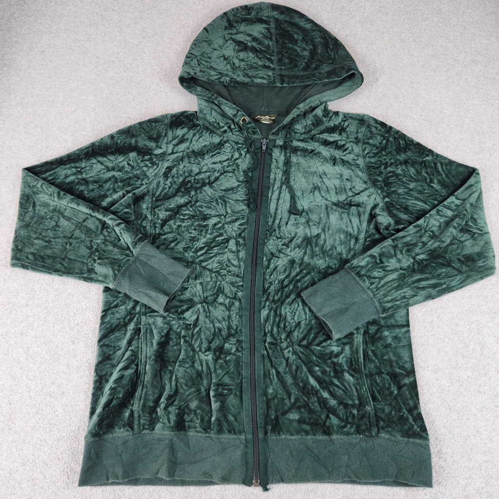 Eddie Bauer Hoodie Women TL Green Crushed Velour Long Sleeve Athleisure Full Zip